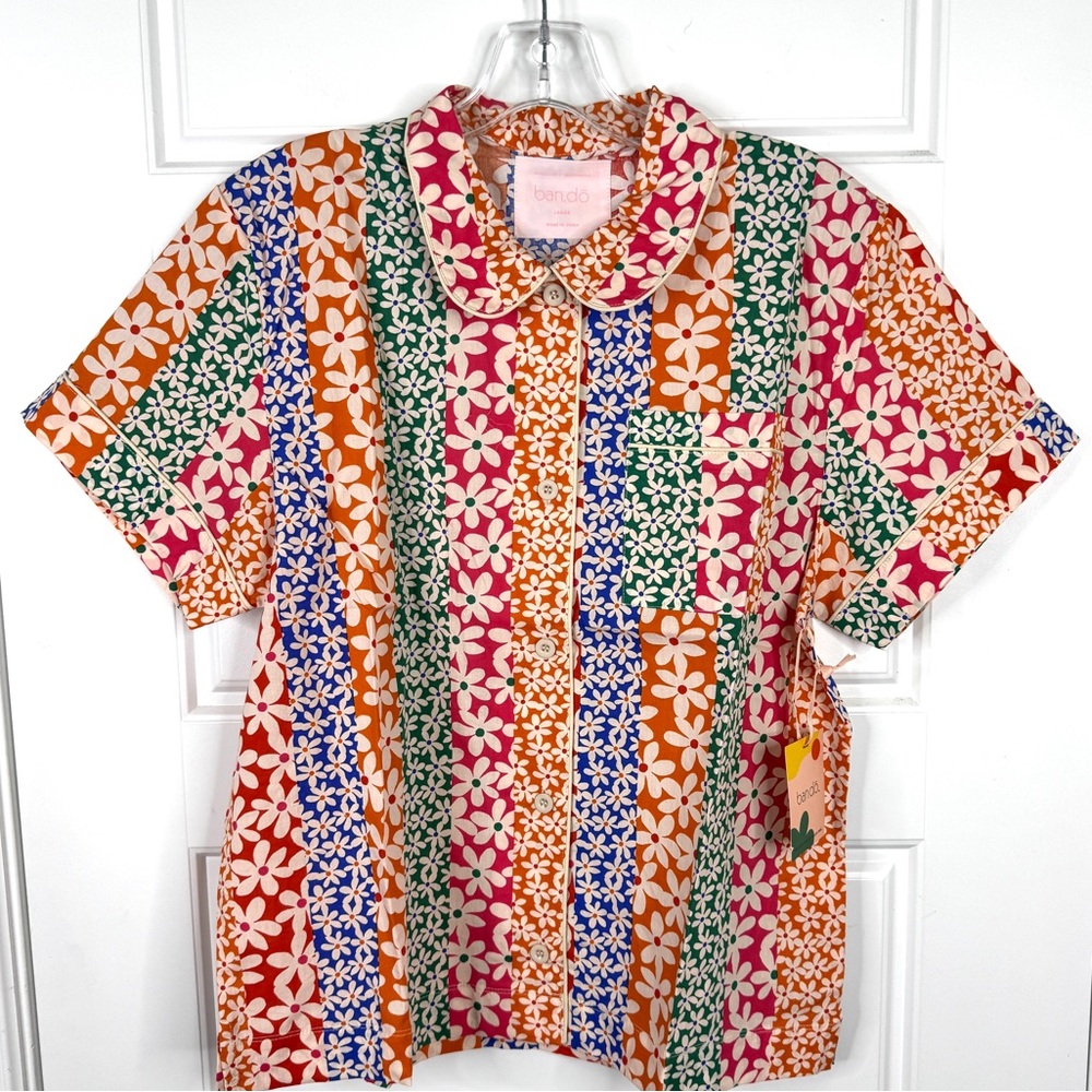 BANDO Floral Print Leisure Pajama Top NEW Size L Daisies Rainbow